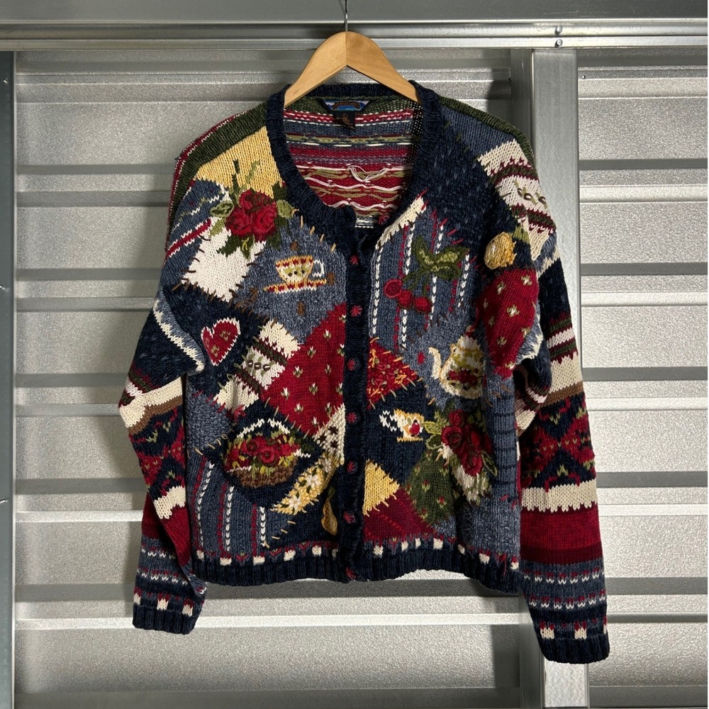 Vintage Floral Patchwork Fair Isle Cardigan Sweater Large L Teacher Core Sweater